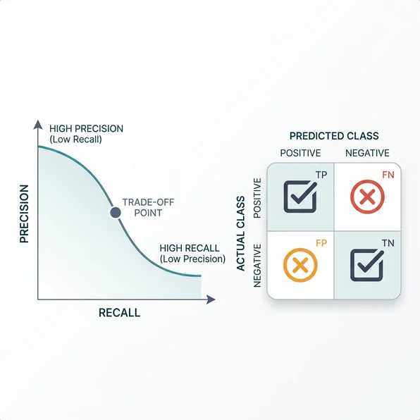 Precision vs Recall tradeoff curve and confusion matrix diagram