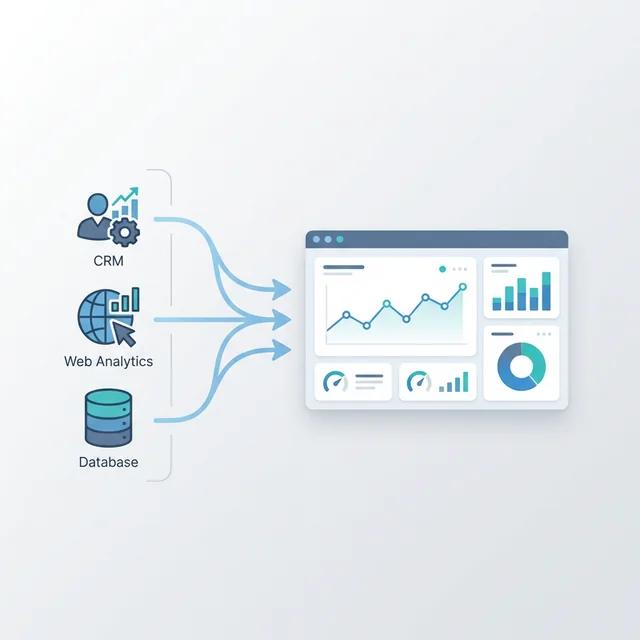 CRM, Analytics, and Database sources feeding into a central dashboard