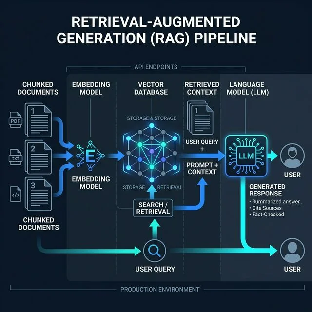 RAG pipeline: chunked documents to vector database to LLM response