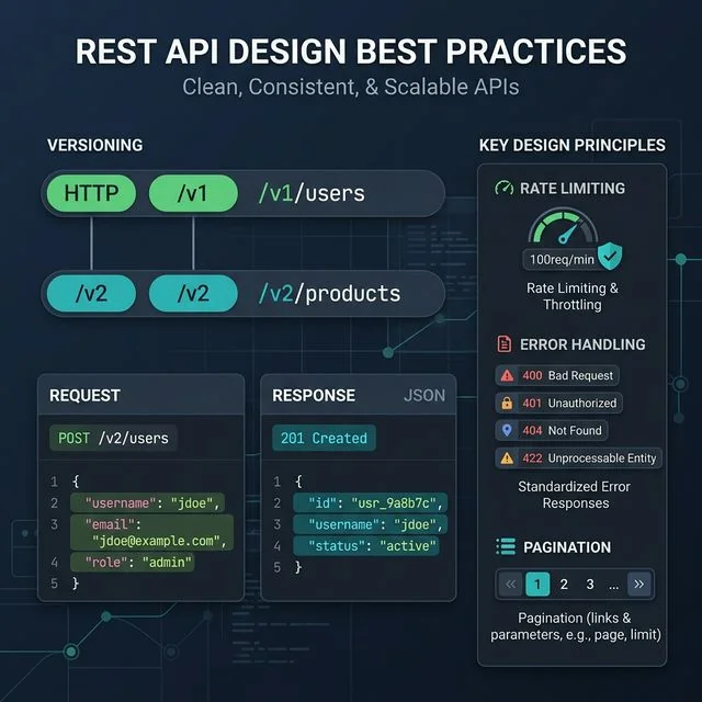 REST API versioning, error codes, and design best practices diagram